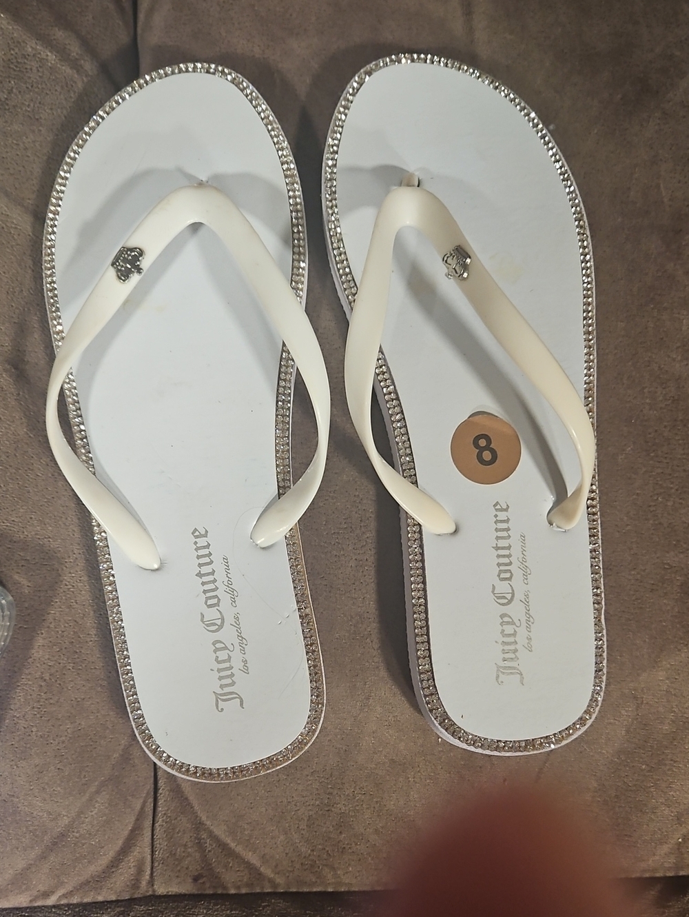 Juicy Couture White Flip Flop Sandals with Rhinestone Trim